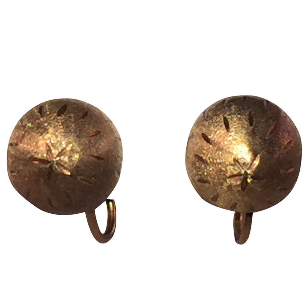 Brushed 14 kt Yellow Gold Ball Earrings with Etchi